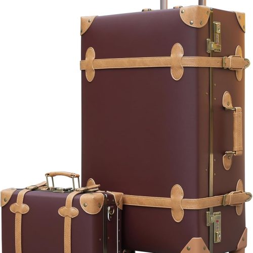 Vintage Luggage Set with Wheels and Boarding Tote