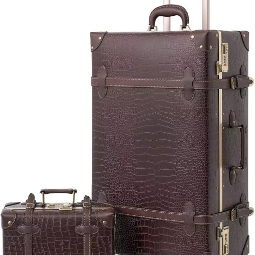 Vintage Luggage Set with Wheels and Retro Boarding Tote